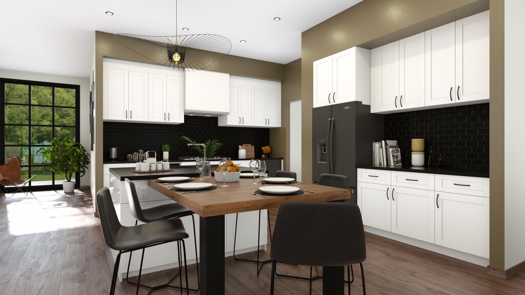 render 3d creado con Cedreo de un diseno de una cocina en L con armarios actualisados