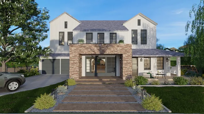 3D render of the front facade of a Craftsman house designed with Cedreo