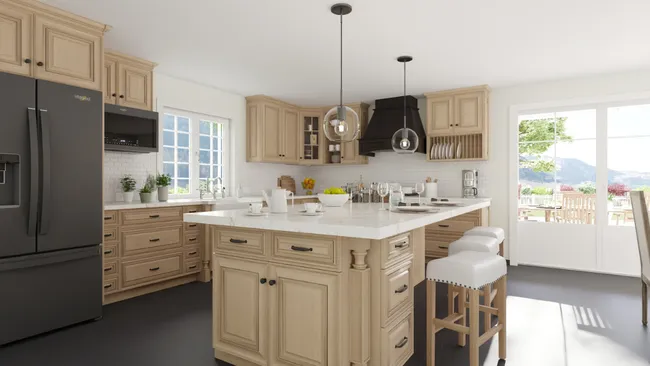Renderización 3D de una cocina en tonos madera natural diseñada con Cedreo