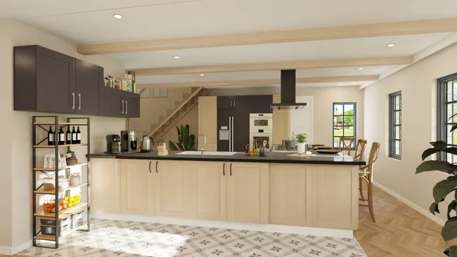 Renderización 3D de una cocina de metal mixto diseñada con Cedreo