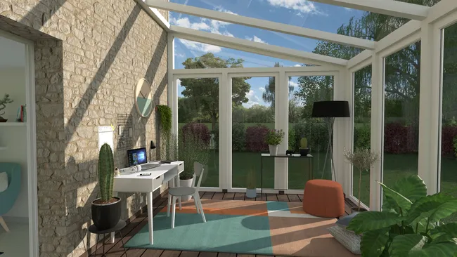 Rendu 3D intérieur d'une véranda aménagée en bureau réalisé par Cedreo