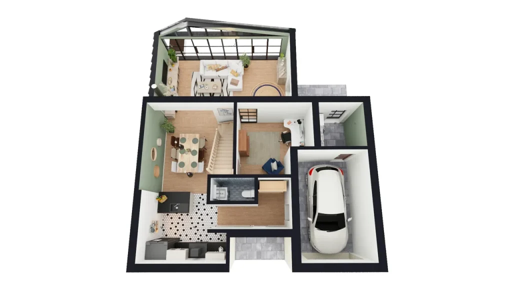 3D floor plan with a prefab addition